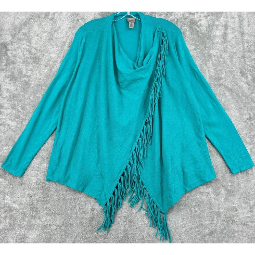 Chicos Sweater Womens  2 US‎ Large Fringe Southwestern Boho Western Wrap Teal